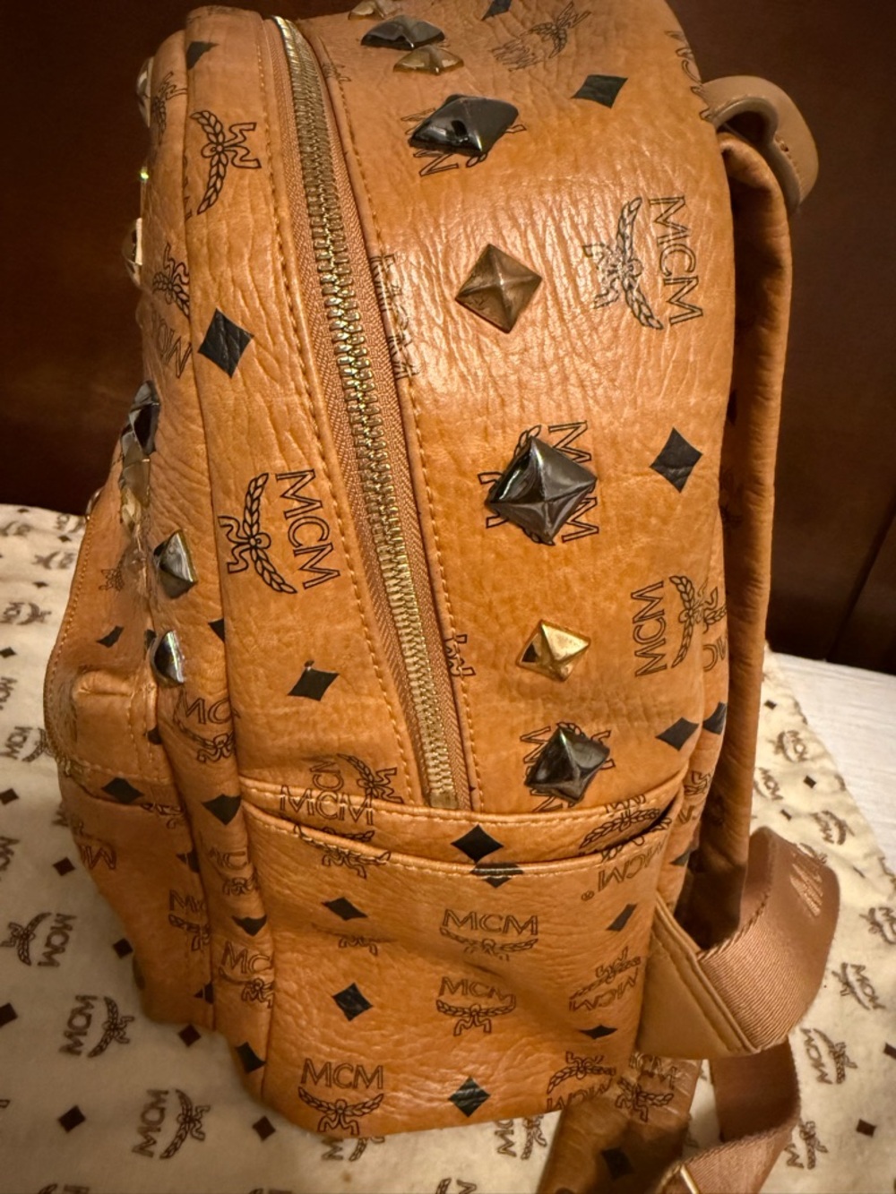 MCM Cognac Visetos Mini Backpack with Gold and Black Studs - Picture 5 of 11